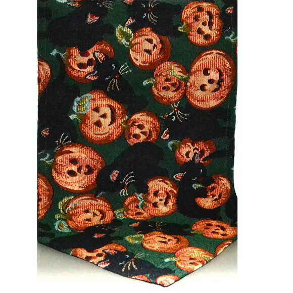 Fall And Halloween Design Table Runner Dark Green Jack O Lanterns Black Cats - Picture 1 of 3